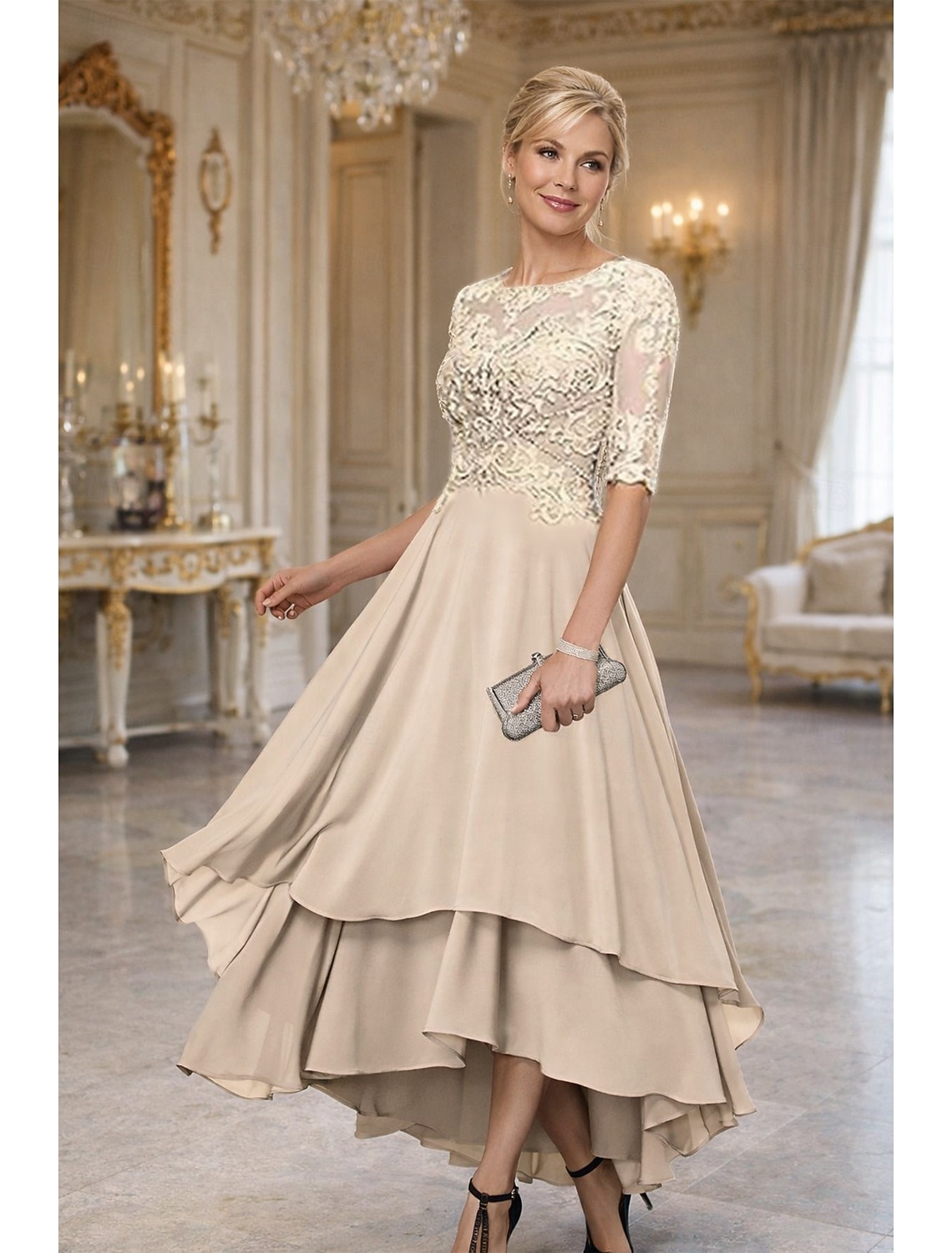 A-Line Asymmetrical Party Dress Cocktail Dress Wedding Guest Dress Mother of the Bride Dress Half Sleeve Boat Neck Elegant Simple Formal Wedding Guest with Solid Color