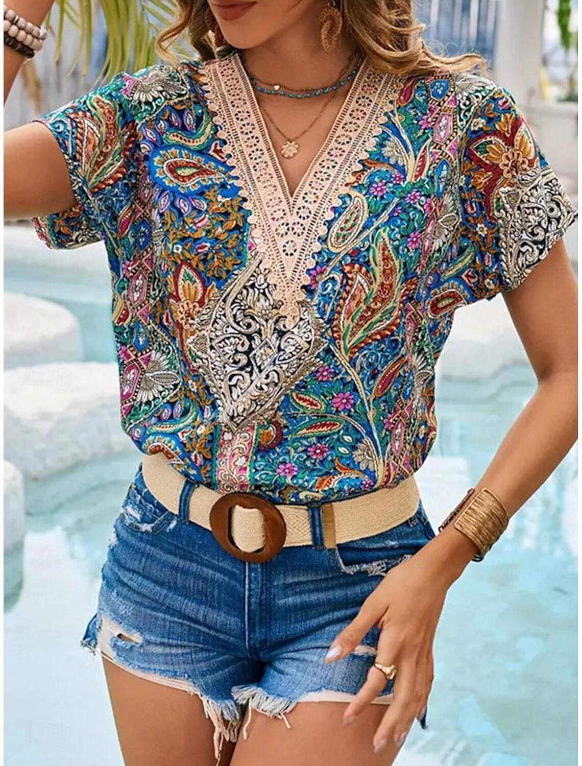 Women's Tunic Daily Stylish Graphic Regular Tops Short Sleeve Cap Sleeve V Neck Contrast Lace Regular Fit Vacation Daily Summer Spring Fall