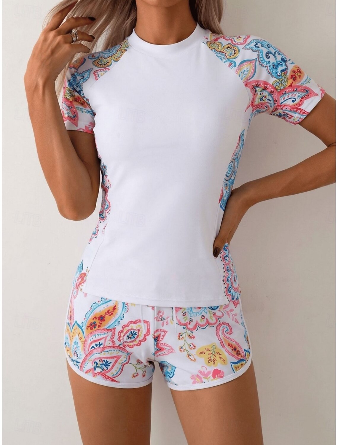 Women's Swimwear Tankini 2 Piece Shorts Swimsuit Tummy Control High Waist Slim Backless Vacation Beach Wear Graphic High Neck Short Sleeves Bathing Suits