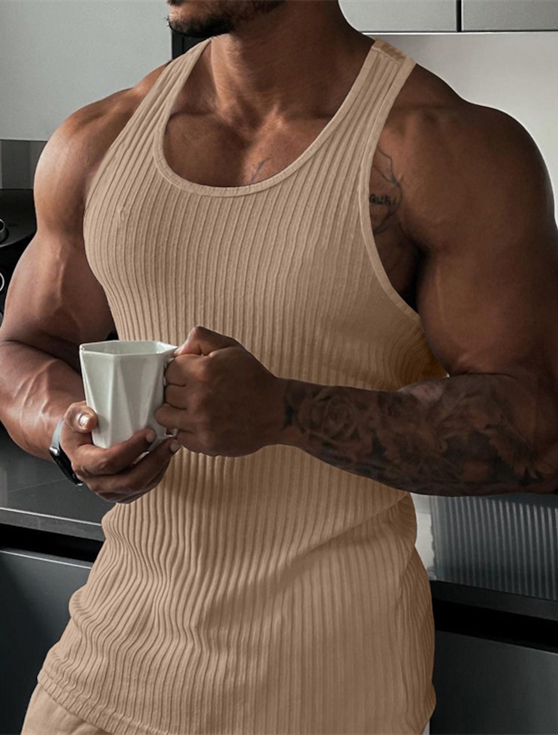 Men's Tank Top Rib Knit Wife beater Shirt Sleeveless Crew Neck Summer