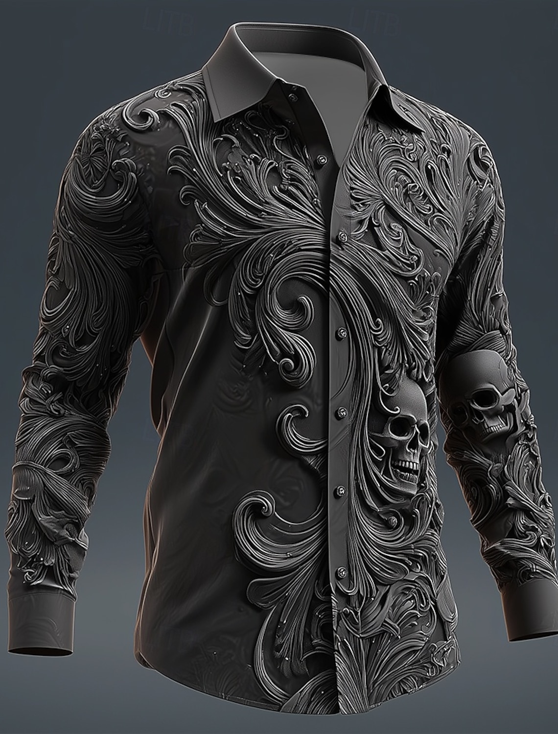 Men's Skull 3D Swirl Intricate Floral Shirt Button Up Long Sleeve