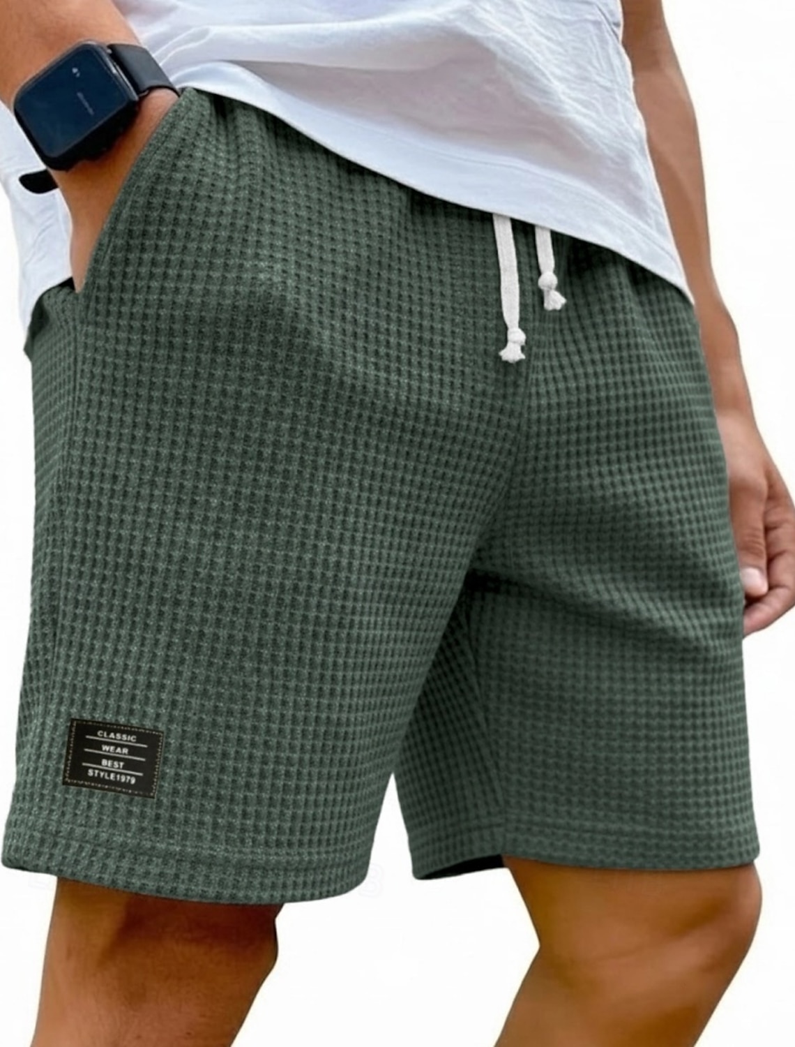Men's Waffle Shorts Shorts Summer Shorts Beach Shorts Casual Shorts Pocket Elastic Waist Plain Comfort Breathable Knee Length Casual Outdoor Beach Vacation Fashion Black White Micro-elastic