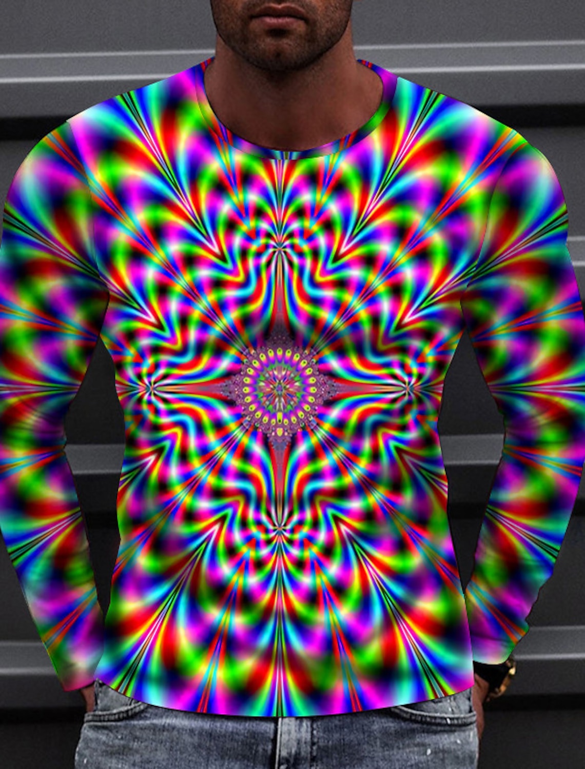 Men's Optical Illusion T Shirt Long Sleeve T shirt 3D Print Crew Neck Shirt Sports Fashion Sportswear Outdoor Vacation Street Red Blue Green Fall Clothing Apparel S M L XL XXL XXXL 4XL