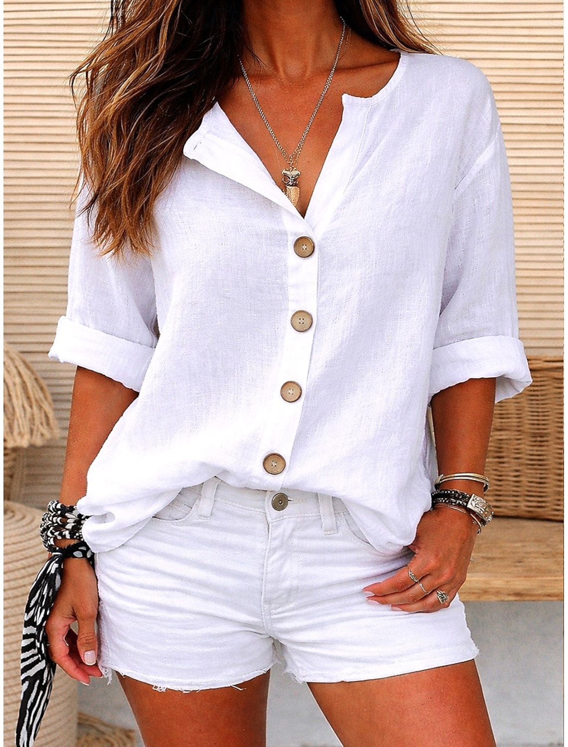 Women's Cotton Linen Blouse Buttons Solid Color Vacation Daily Casual Sleeveless 3/4 Length Sleeve V Neck Regular Tops Casual Daily Going out Khaki Red Orange Green Summer Spring Fall