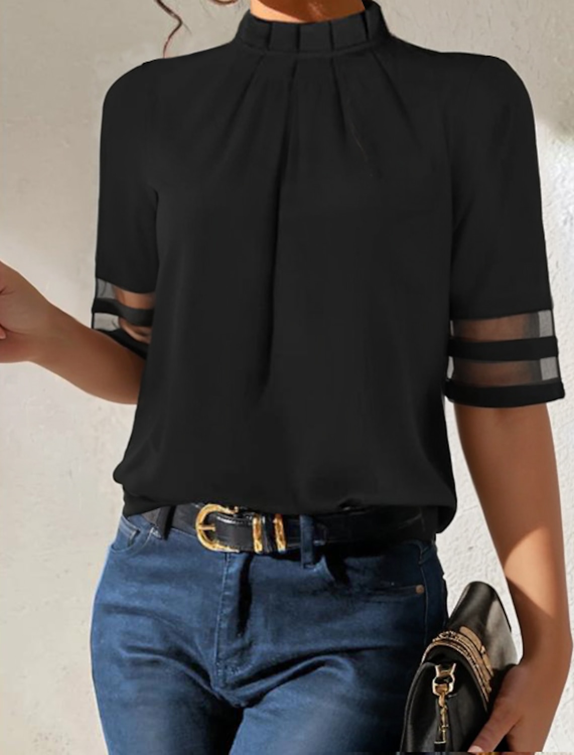 Women's Shirt Blouse Basic Mesh Short Sleeve Regular Tops Turtleneck High Neck Casual
