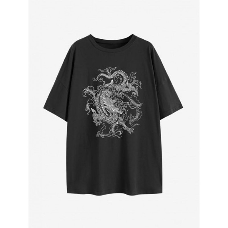 Drop Shoulder Oriental Dragon Print T Shirt SK2580