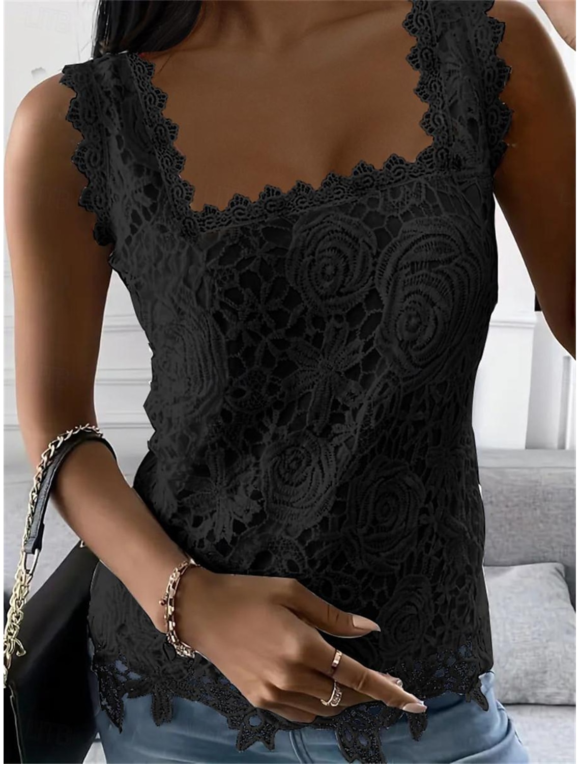 Women's Elegant Lace Tops Eyelet Blouse Sexy Sleeveless Floral Semi-Sheer Square Neckline Scalloped Trim Fashion Slim Fit Date Casual Party Romantic Petite Tops Summer Holiday Wear