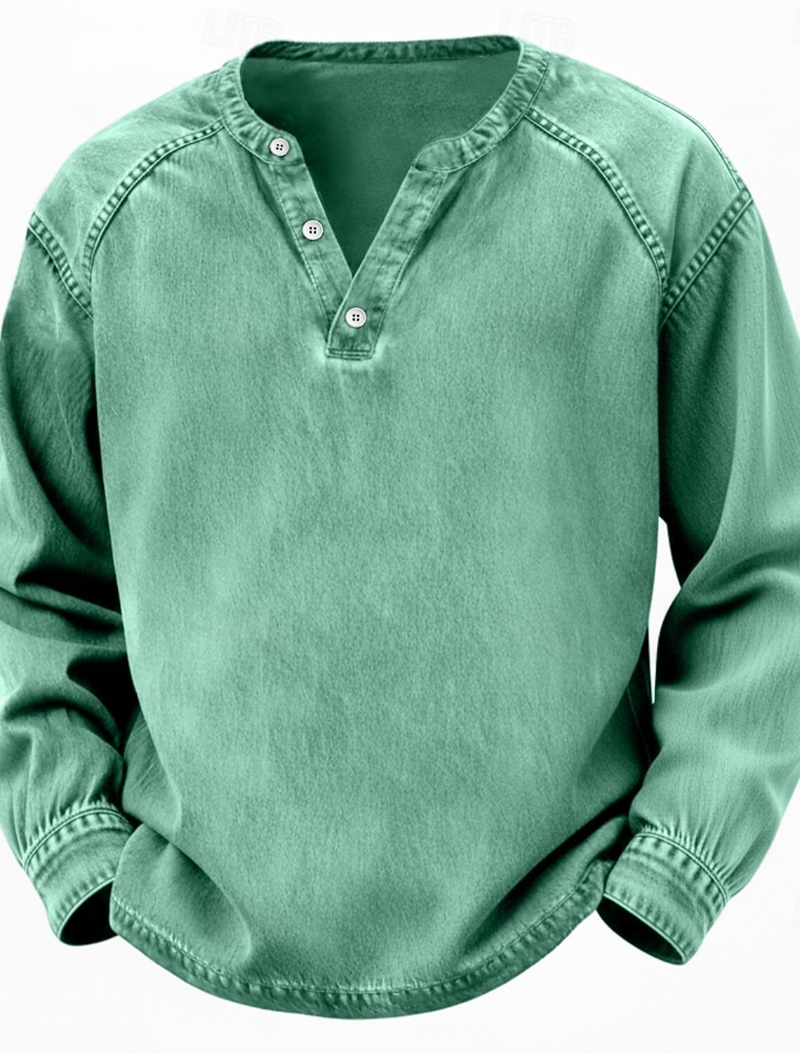 Men's T Shirt Henley 100% Cotton Acid Wash Tee Top Long Sleeve Plai #2