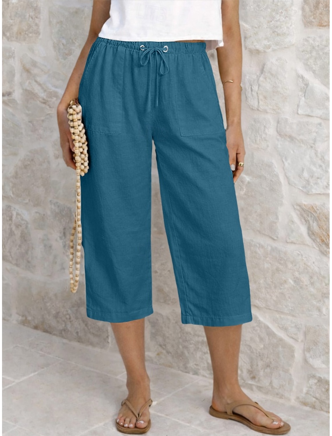 Women's Capri Pants Summer Shorts Cropped Pants Linen Capri Pants Fashion Basic Calf-Length Medium Waist Plain Drawstring Pocket Elastic Waist Lightweight Breathable Inelastic Vacation Street Daily