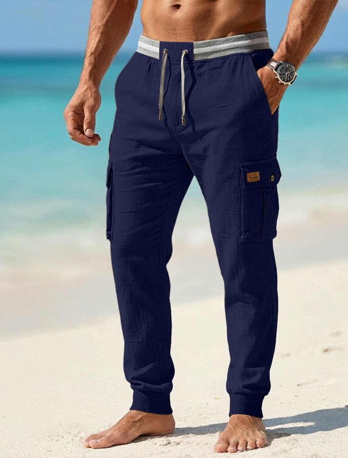 Men's Linen Pants Summer Pants Baggy Pants Drawstring Elastic Waist Plain Comfort Breathable Full Length Casual Daily Outdoor Vacation Fashion Blue Black Stretchy
