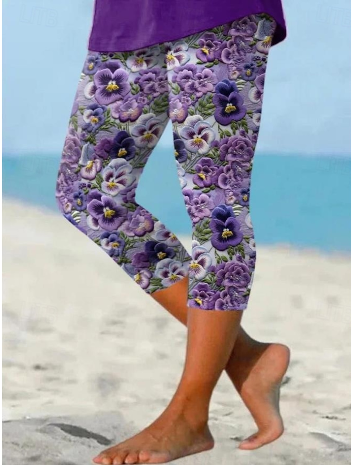 Women's Leggings Capri Pants High Elasticity Fashion Streetwear Full Length Mid Waist Floral Printing Thermal Warm Breathable Soft Outdoor Daily Beach Buff Black Blue Sky Blue Summer Spring