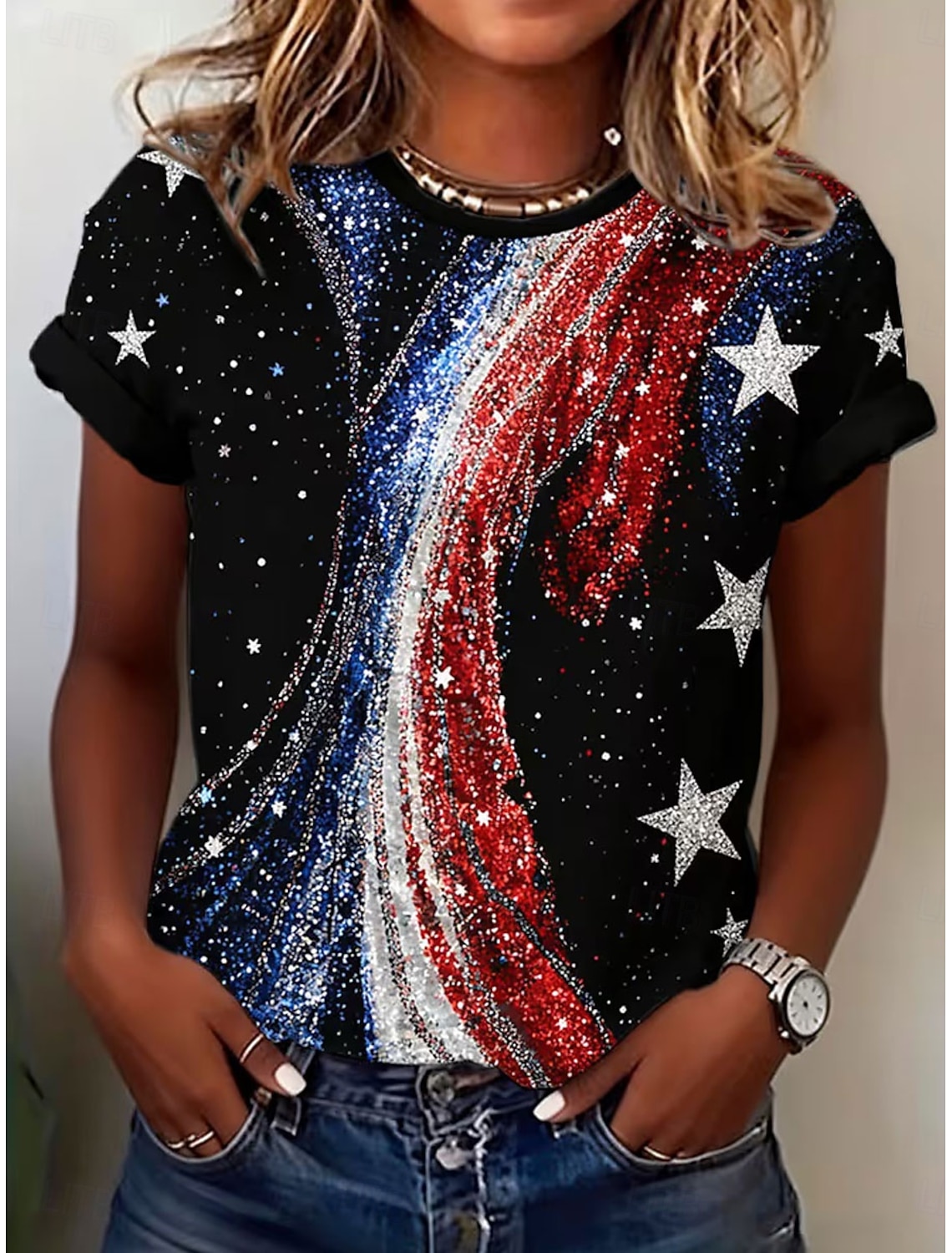 American Independence Day Women's T Shirt Print Graphic Letter Vintage Stylish Classic Short Sleeve Crew Neck Regular Tops Daily Blue Black White Red Summer Spring