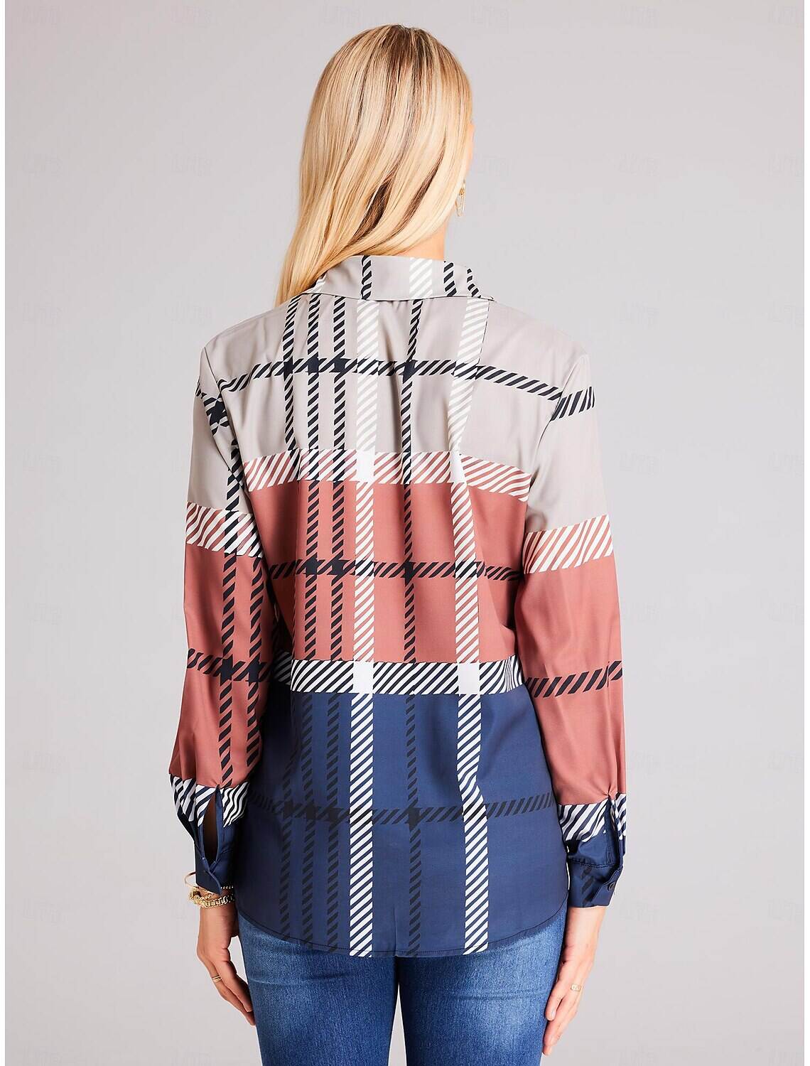 Women's Shirt Blouse Fashion Plaid Buttons Print Long Sleeve Regular Tops Shirt Collar Casual Spring & Fall