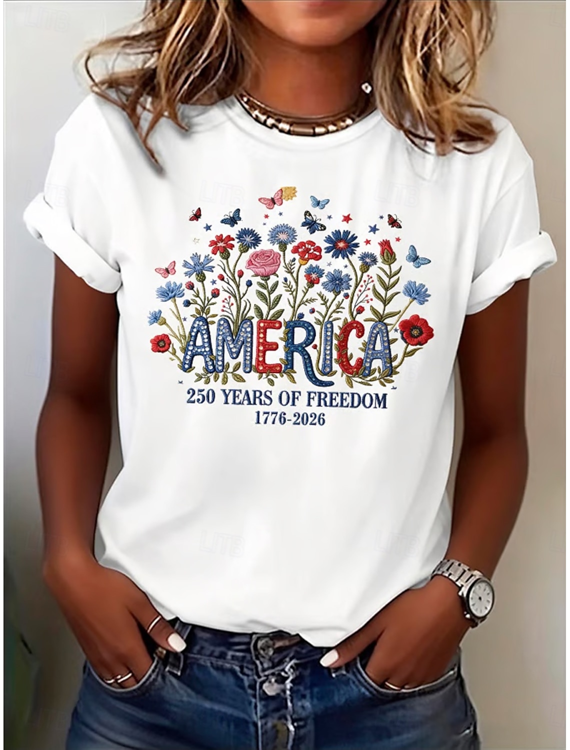 American Independence Day Women's T Shirt Print Floral Graphic Flag Stylish Classic Casual Short Sleeve Crew Neck Round Neck Regular Tops Casual Daily Blue Black White Pink Red Summer Spring
