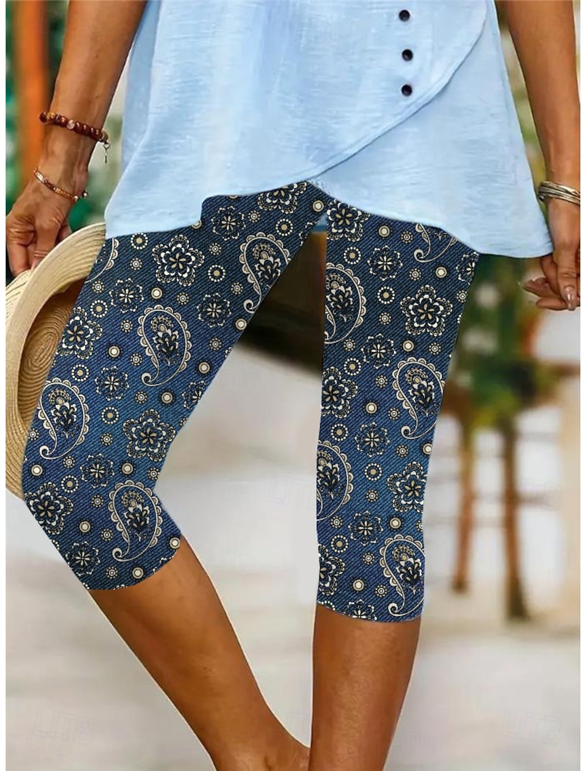 Women's Leggings Capri Pants High Elasticity Fashion Streetwear Full Length Mid Waist Floral Printing Thermal Warm Breathable Soft Outdoor Daily Beach Buff Black Blue Sky Blue Summer Spring