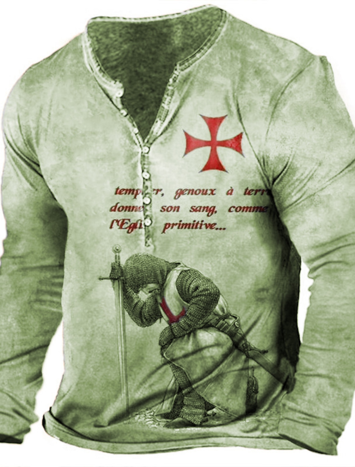 Men's T shirt Tee Henley Graphic Templar Cross Soldier Light Green Red