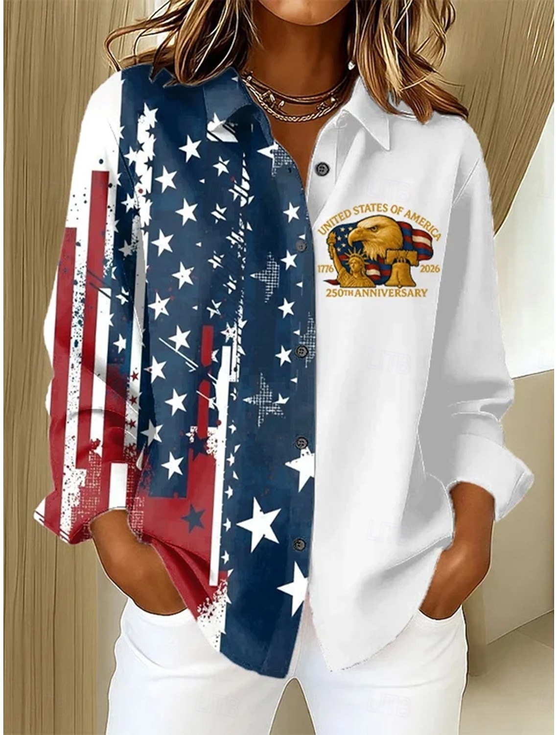 American Independence Day Women's Shirt Graphic USA American Flag Vintage Stylish Long Sleeve V Neck Long Tops Casual Daily Holiday Blue White Red Red / Blue Summer Spring
