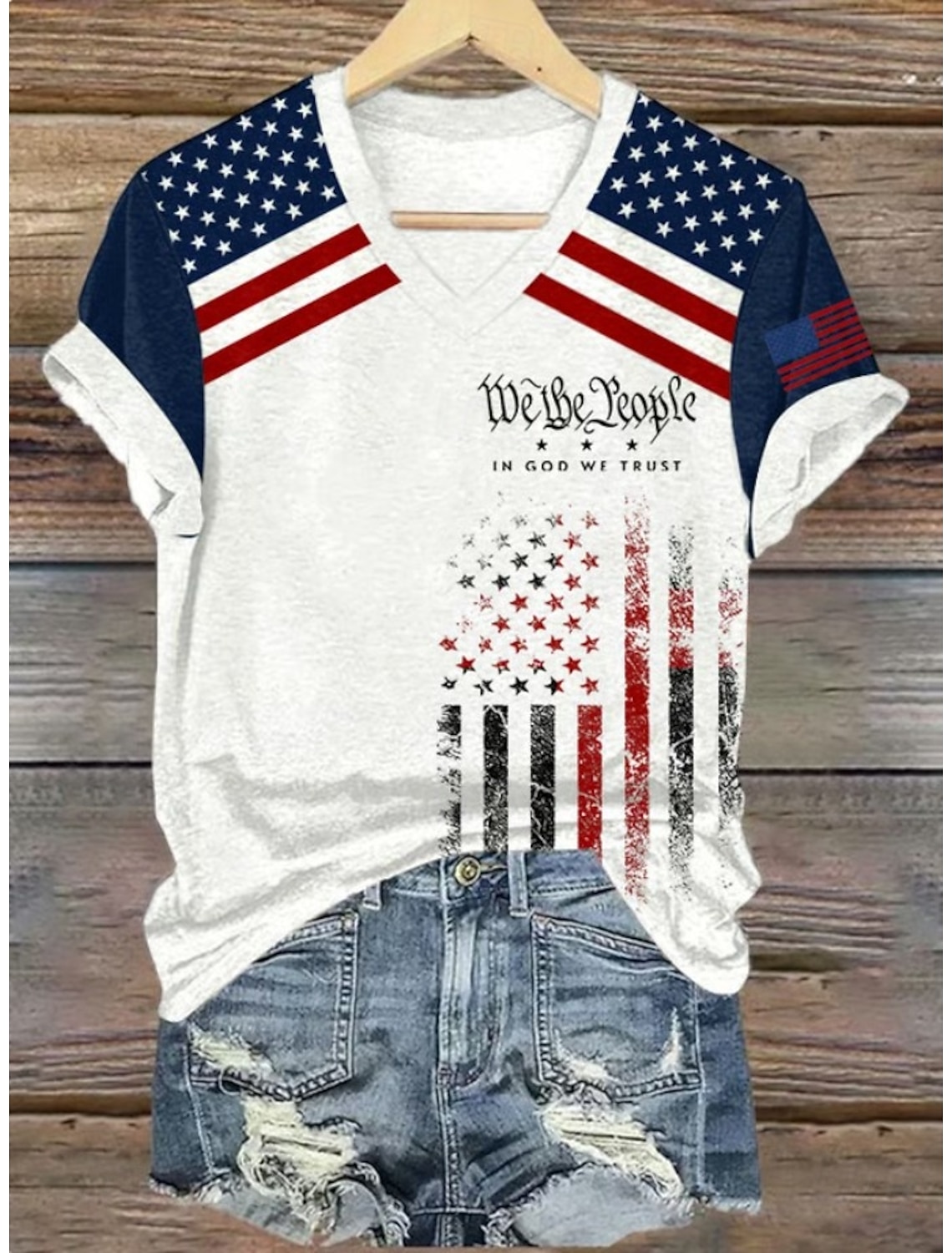 Independence Day Patriotic Women's T Shirt Graphic Flag Vintage Stylish Classic Short Sleeve V Neck Regular Tops Daily Print White Summer Spring