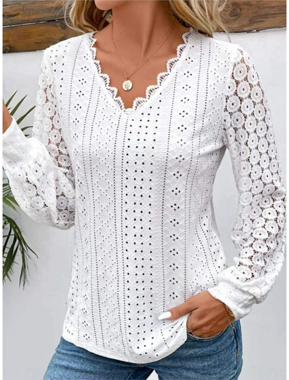 Women's Elegant Lace Tops Eyelet Blouse Stylish Modern Hollow Out Long Sleeve Regular Tops V Neck Work Daily Romantic Petite Tops Summer Holiday Wear Spring Fall