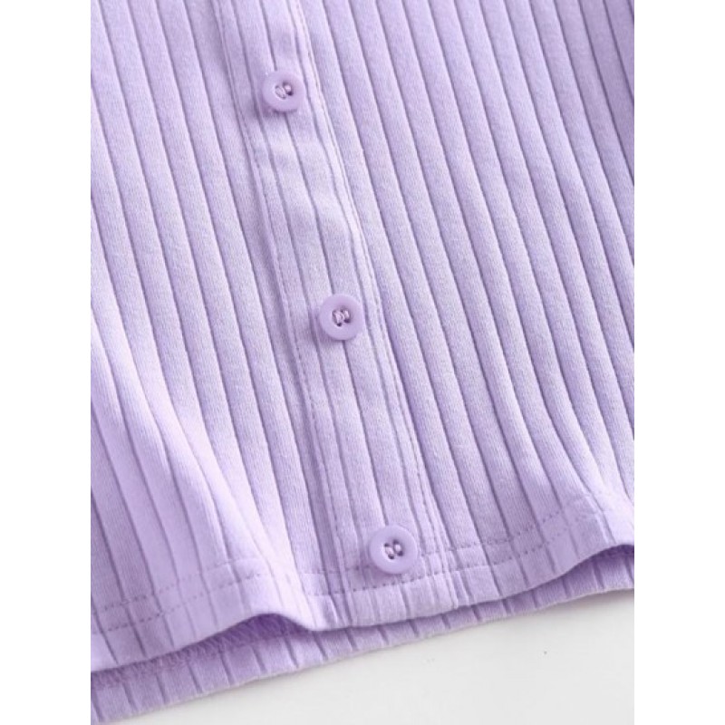 Ribbed Lace Insert Mock Button T Shirt NX0726