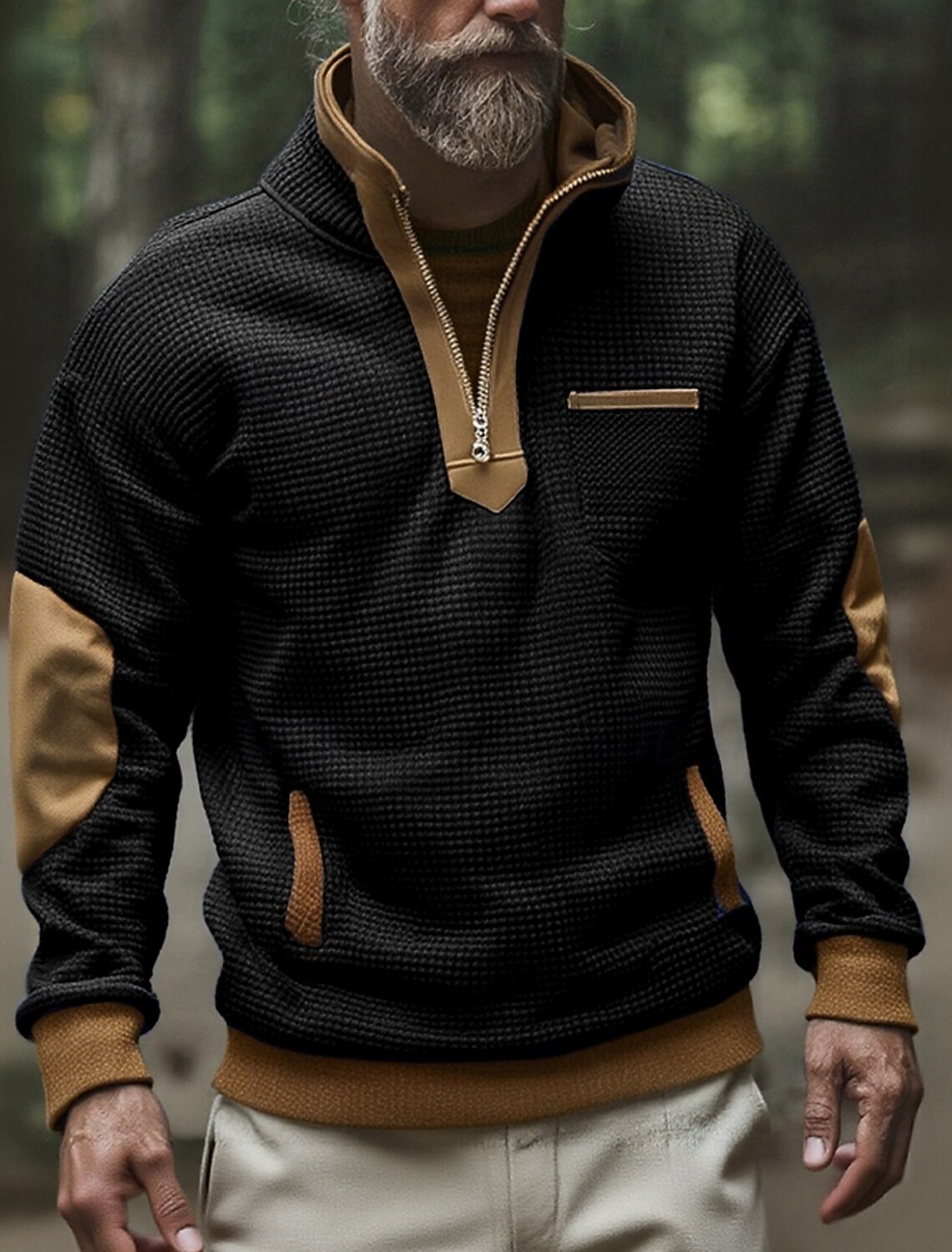 Men's Sweatshirt Quarter Zip Black Navy Blue Half Color Block