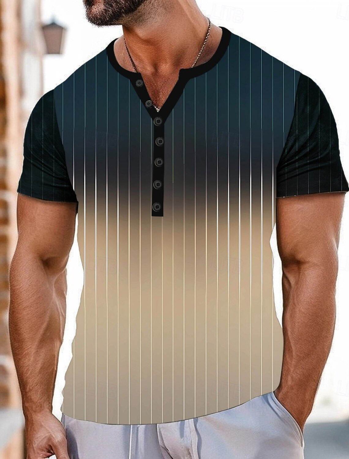 Men's Gradient Striped T Shirt Henley Short Sleeve Sports Fashion