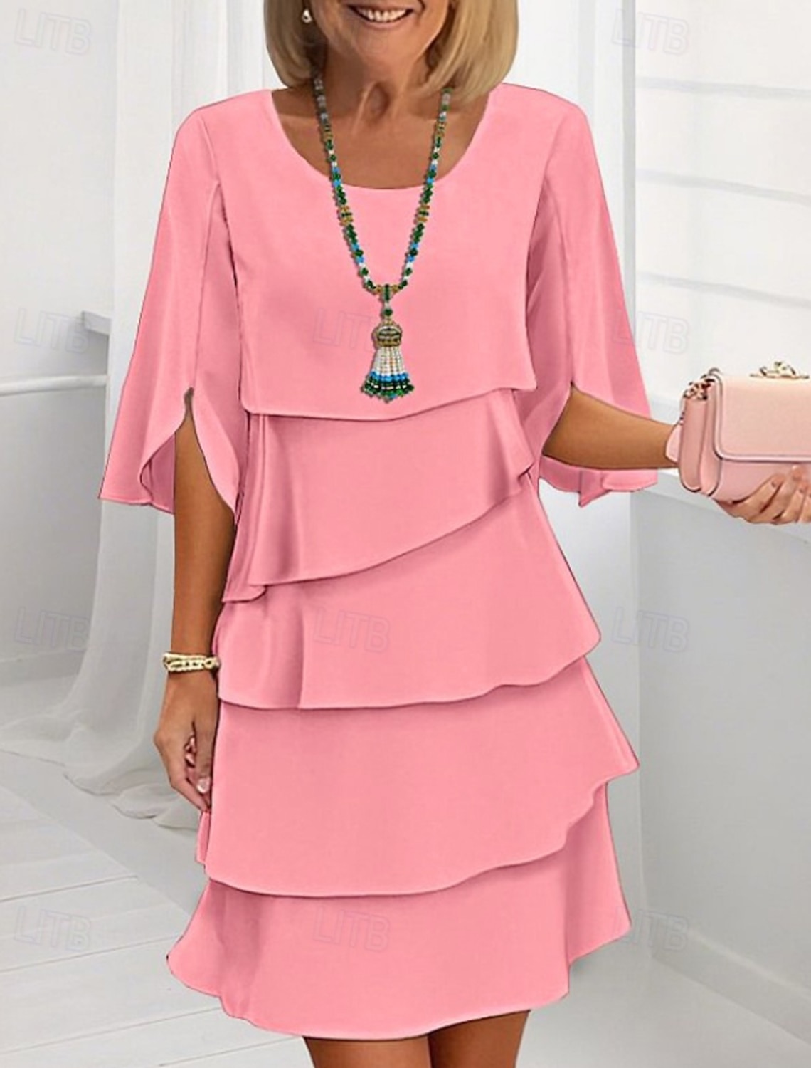 Women's Mini Dress Chiffon Dress Wedding Guest Dress Tiered Dress Fashion Modern Outdoor Holiday Going out Regular Fit Plain Half Sleeve Crew Neck Blue Black Pink Spring Fall