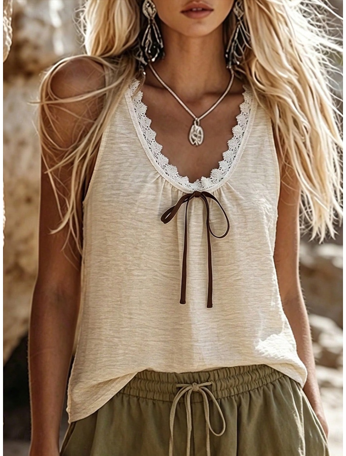 Women's Blouse Lace Tops Lace Plain Vintage Boho Sleeveless V Neck Regular Tops Casual Beach Summer Apricot Summer Spring