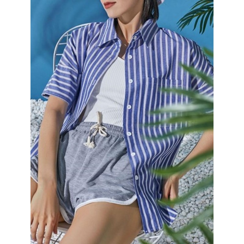 Vertical Stripes Front Pockets Button Down Shirt WQ1326