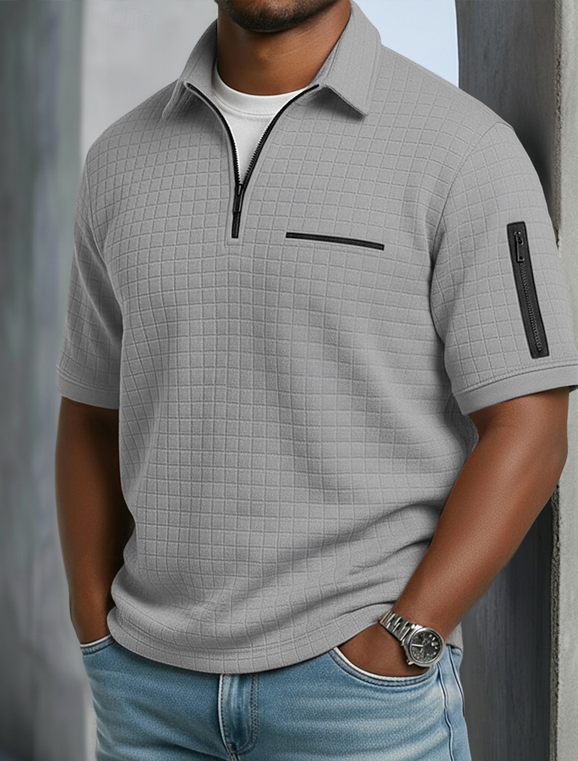 Men's Polo Ice Silk Seersucker Polo Casual Business Ribbed Polo Collar Short Sleeve Fashion Basic Solid Color Buttons Summer Spring & Fall Regular Fit Black White Navy Blue Light Blue Polo