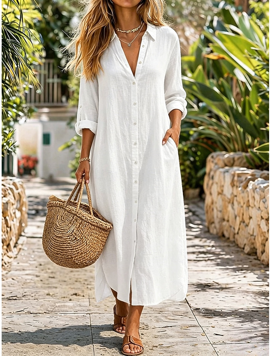Womens Midi Dress Cotton Linen Washed Shift Dress Basic Daily Loose Fit Plain Long Sleeve Shirt Collar Summer Spring Fall