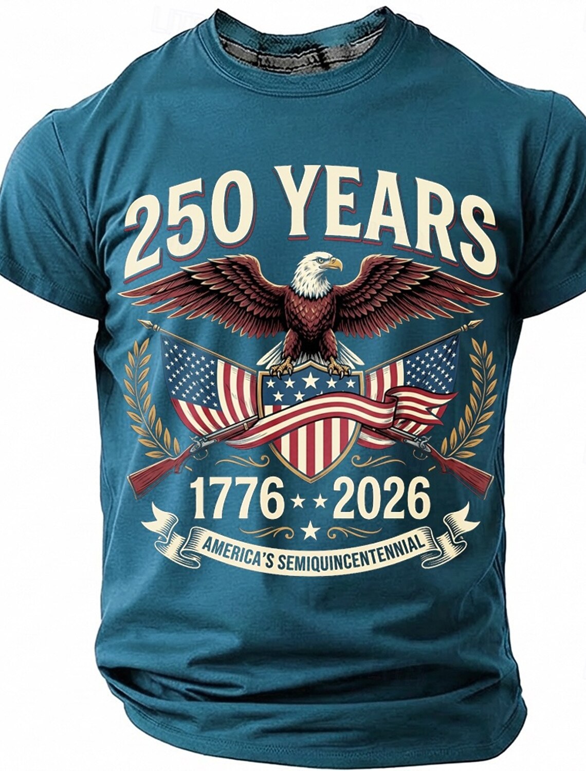 250 Years America's Semiquincentennial 1776 2026 Men's Patriotic Bald Eagle Crossed Rifles Vintage USA Pride T Shirt Graphic Crew Neck Short Sleeve Fourth of July Celebration Gift Designer Clothing Ap