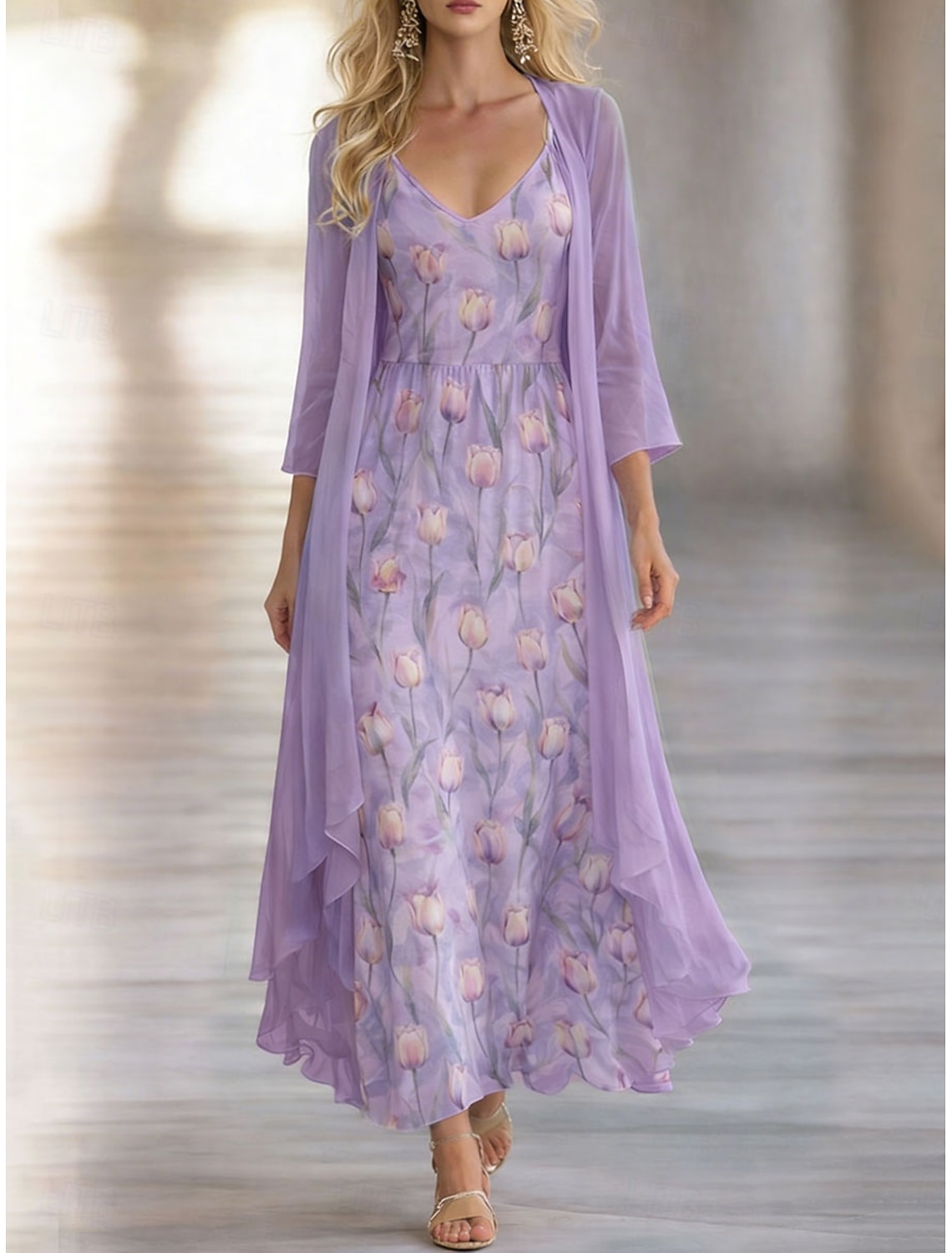 Women's Dress Set A Line Dress Elegant Vacation Floral Graphic Layered Print Maxi Dress 3/4 Length Sleeve V Neck Daily Vacation Blue Yellow Purple Summer Spring Regular Fit