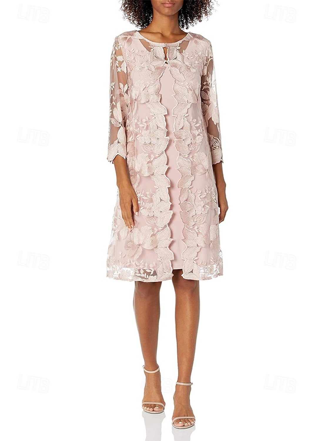 Two Piece Sheath Column Tea Length Wedding Guest Dress Mother of the Bride Dress 3/4 Length Sleeve Crew Neck Elegant Vintage Simple Formal Wedding Guest Lace with Embroidery