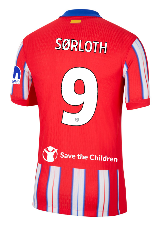 Atletico Madrid's 24-25 Home Champions League Jersey featuring SØRLOTH 9