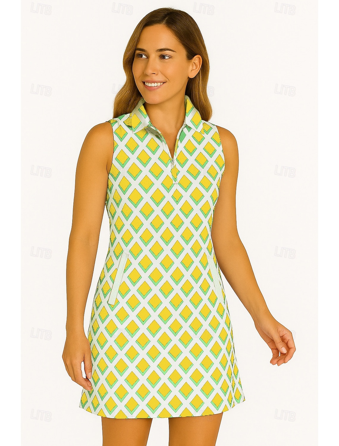 Women's Geometric Tennis Dress Golf Dress Sleeveless Dress Sleeveless Zipper UV Protection Elastic Breathable Tennis Golf Badminton Polo Collar Dress Yellow Blue Purple Tennis Clothing