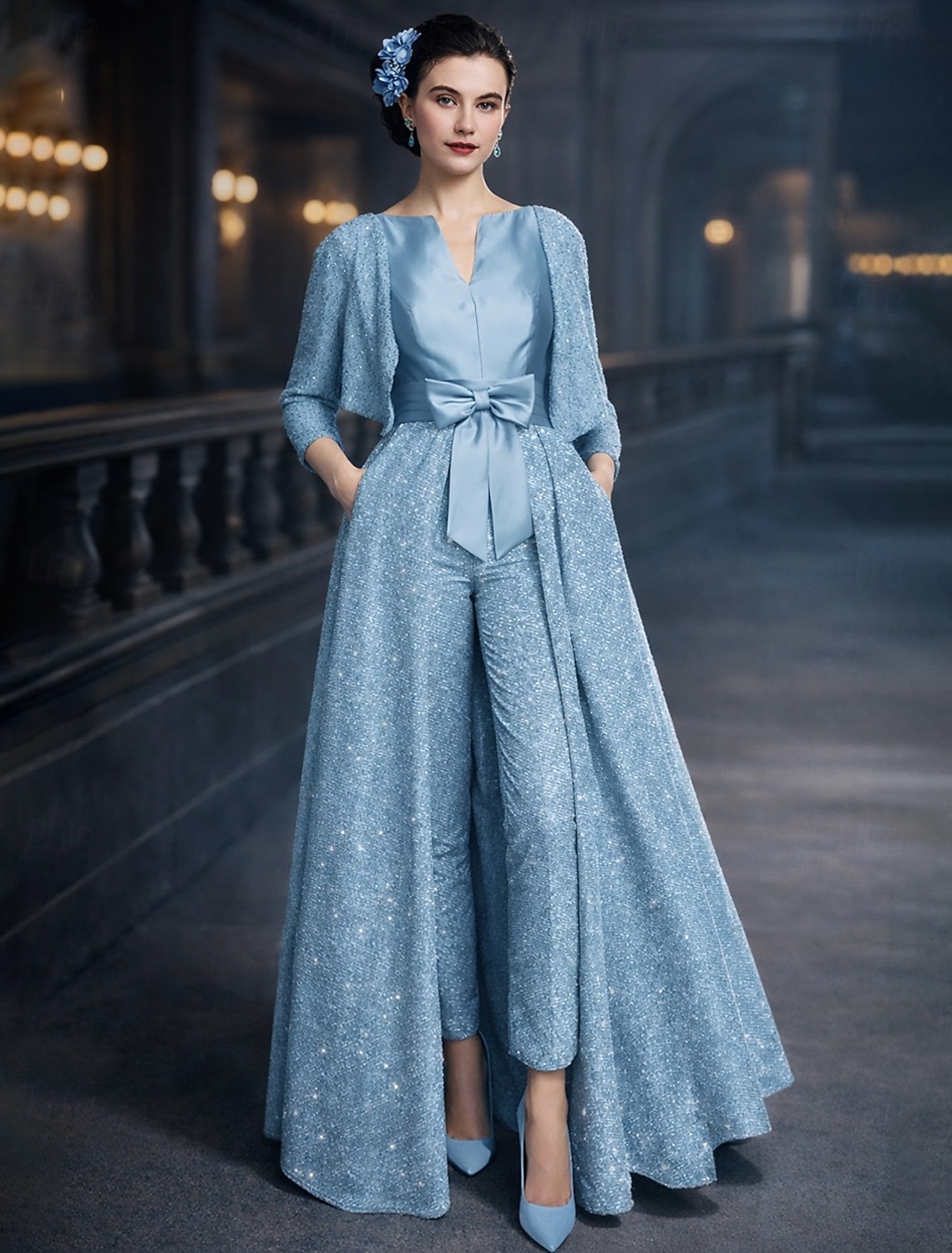 Jumpsuit Pantsuit 3 Piece Ankle Length Mother of the Bride Dress 3/4 Length Sleeve Scoop Neck Elegant Sparkle & Shine Formal Wedding Guest Wedding Party Sequined Wrap Included with Bow(s) Ruched