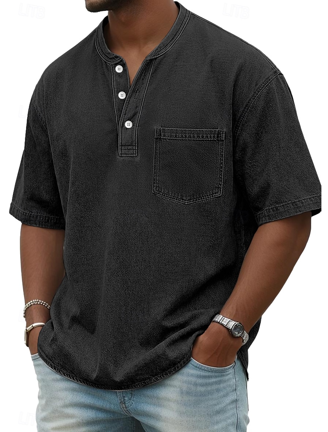 Men's Henley Shirt 100% Cotton Acid Wash T Tee Short Sleeve Solid #2