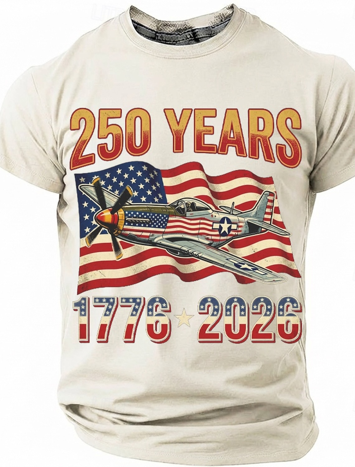 250th Anniversary July 4th 2026 Men's 250 Years 1776-2026 P-51 Mustang Fighter Plane Graphic T Shirt Short Sleeve Crew Neck Patriotic USA Flag Aviation Veteran Gift Designer Clothing Apparel
