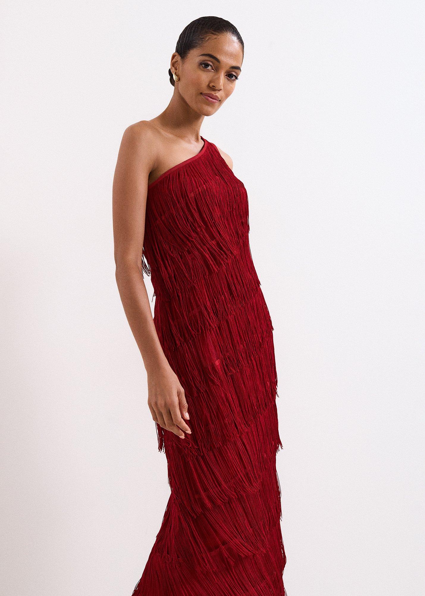 Otto Red One Shoulder Fringe Maxi Dress