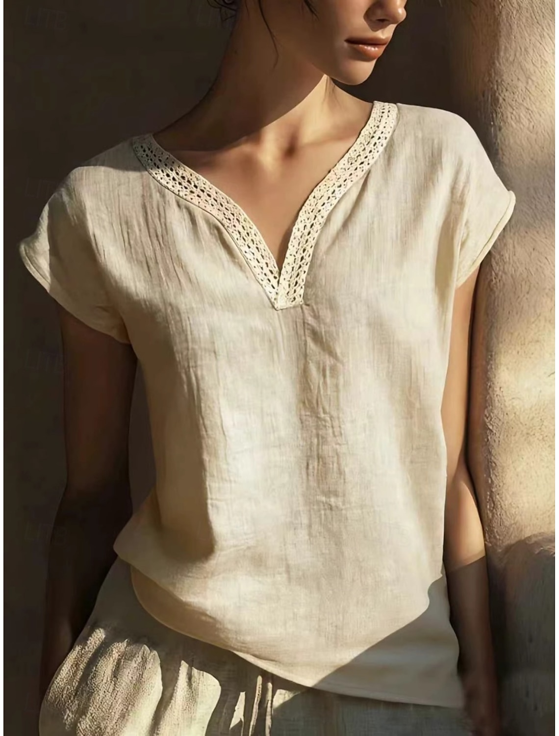 Women's T Shirt Cotton Linen T Shirt Faux Cotton Linen Tee Top Patchwork Plain Classic Casual Short Sleeve V Neck Regular Tops Daily Going out Weekend Sky Blue Apricot Gray Summer Spring