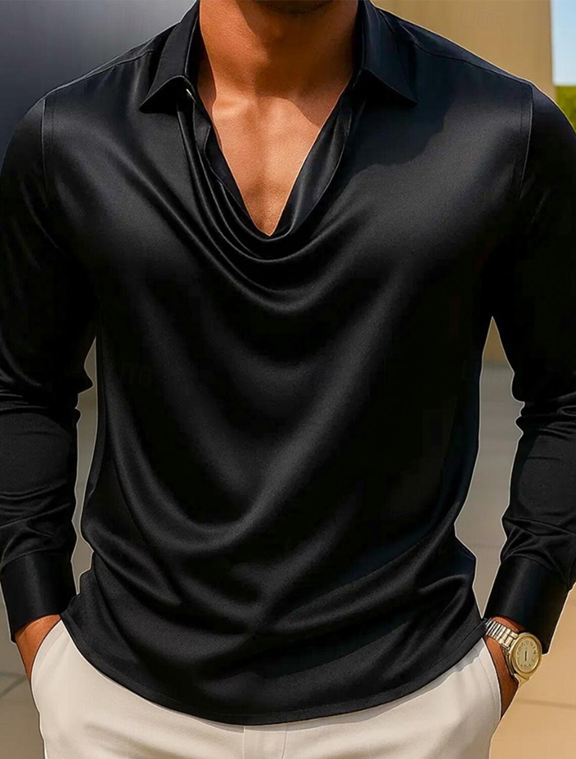 Men's Shirt Silk Like Satin Casual Plain Formal Wedding Silver Black