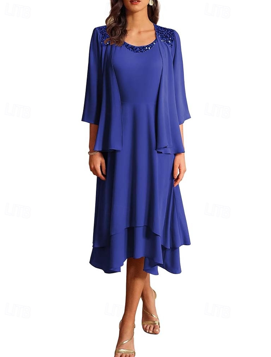 Two Piece Tea Length Wedding Guest Dress Mother of the Bride Dress Half Sleeve Jewel Neck Elegant Vintage Formal Wedding Guest Chiffon Jacket Dresses with Sequin Cascading Ruffles