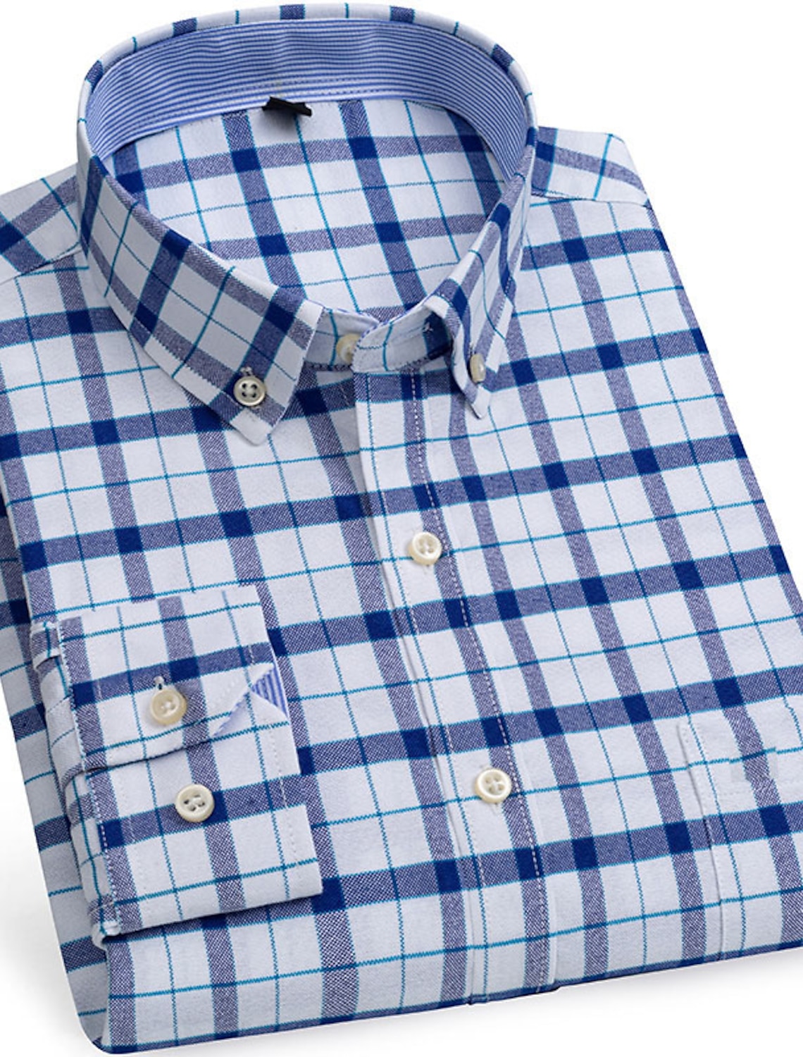 Men's Dress Shirt Button Down Shirt Oxford Shirt Non Iron Shirt Stripes and Plaid Vacation Wedding Light Yellow Denim Blue White Yellow Long Sleeve Turndown All Seasons Clothing Apparel Button-Down
