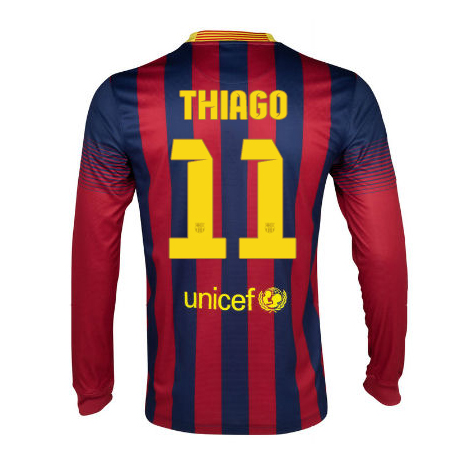 13-14 Barcelona 11 Thiago Home Long Sleeve Soccer Jersey Shirt -
