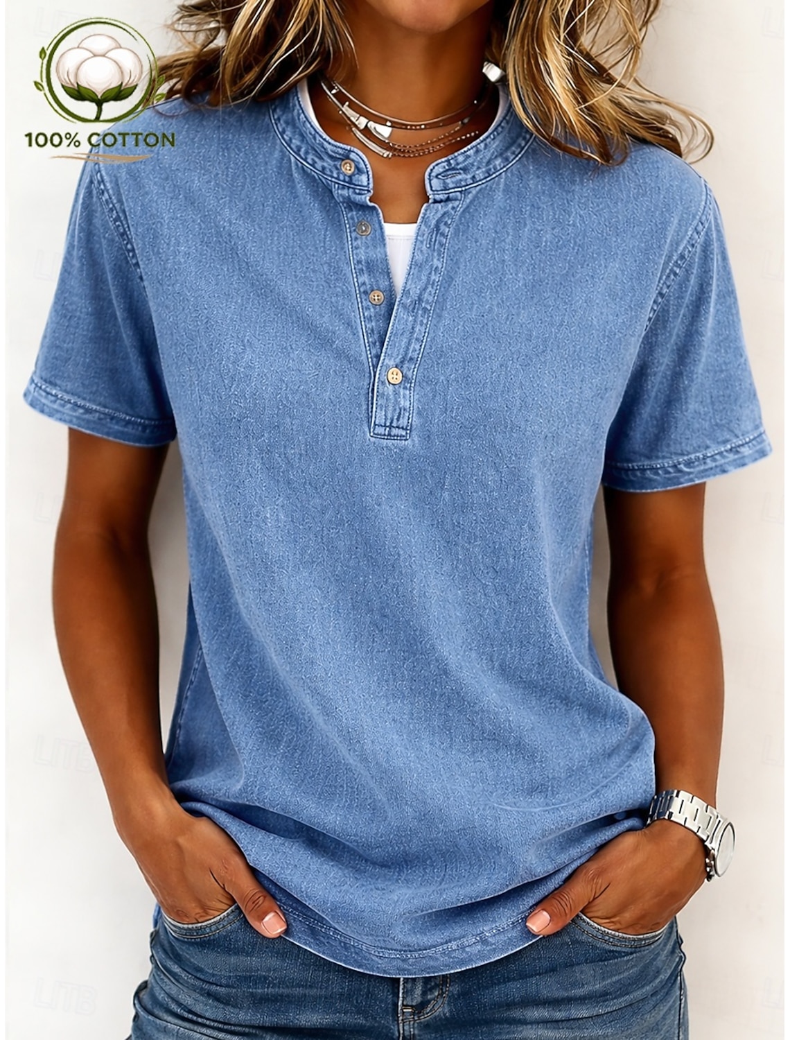 SoftFade™ Women's 100% Cotton Henley Shirt Vintage Fashion Stylish Short Sleeve Regular Tops Casual Beach Blue Khaki Black Purple Orange Spring