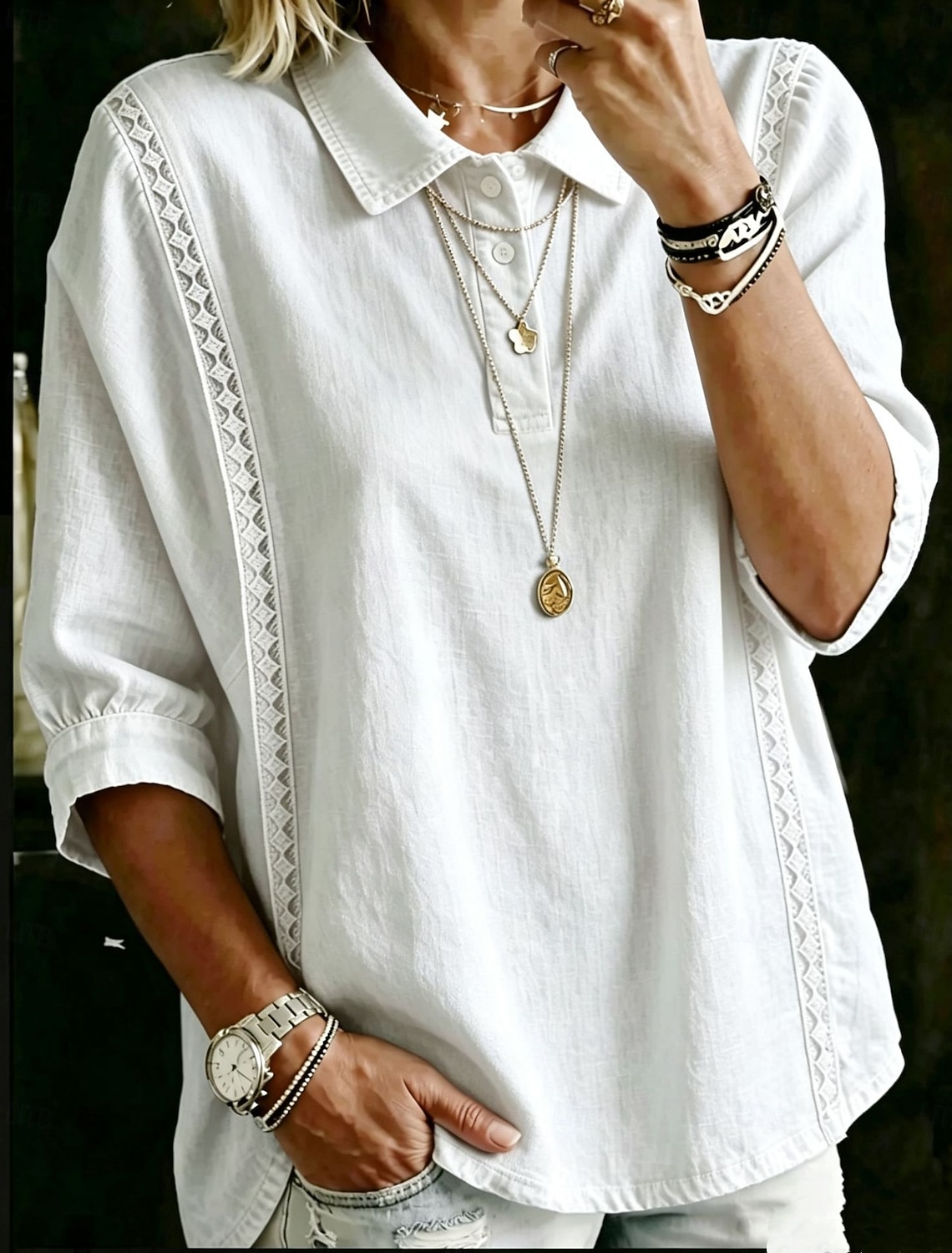 Women's Polo Shirts Blouse Lace Tops Plain Bohemia 3/4 Length Sleeve Lapel Regular Tops Light Blue White Pink Royal Blue Sky Blue Summer Spring