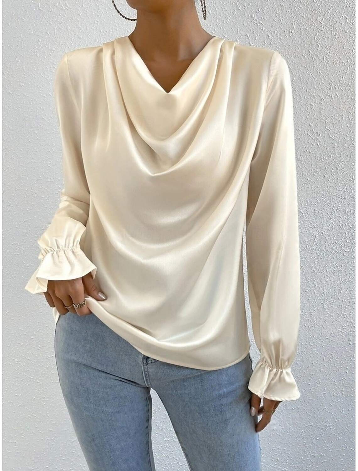 Women's Shirt Blouse Stylish Casual Solid Color Regular Tops Long Sleeve Cowl Neck Ruched Regular Fit Daily Summer Spring