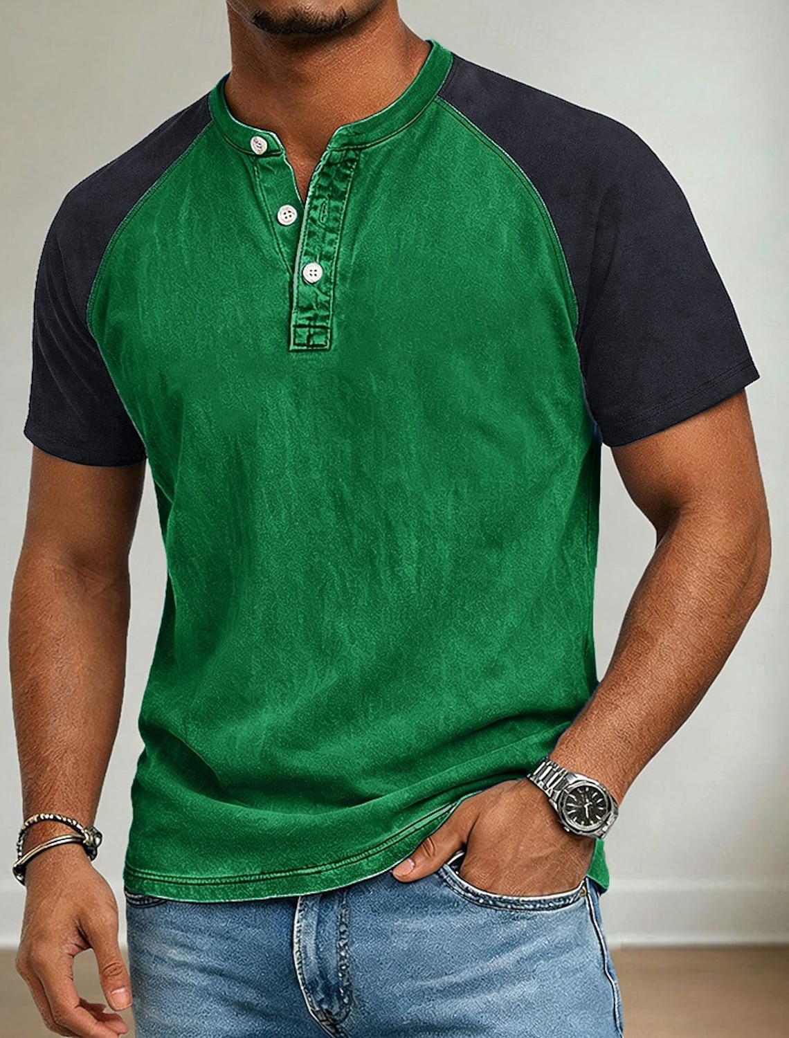 Men's T Shirt Henley Shirt 100% Cotton Acid Wash Shirt Tee Top Long Sleeve Plain Vintage Streetwear Casual Washed Raglan Sleeves Stand Collar Henley Casual Home Street Spring Fall Fall & Winter Black