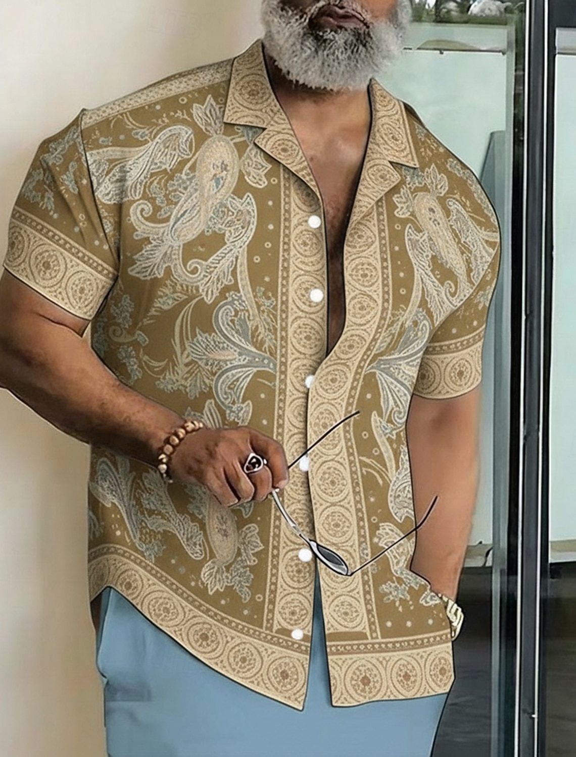 Men's Paisley Floral Print Ethnic Shirt Button Up Shirt Camp Collar Shirt Short Sleeve Vintage Retro Streetwear Vacation Summer Spring Cuban Collar 3D Print Blue Pink Green Khaki